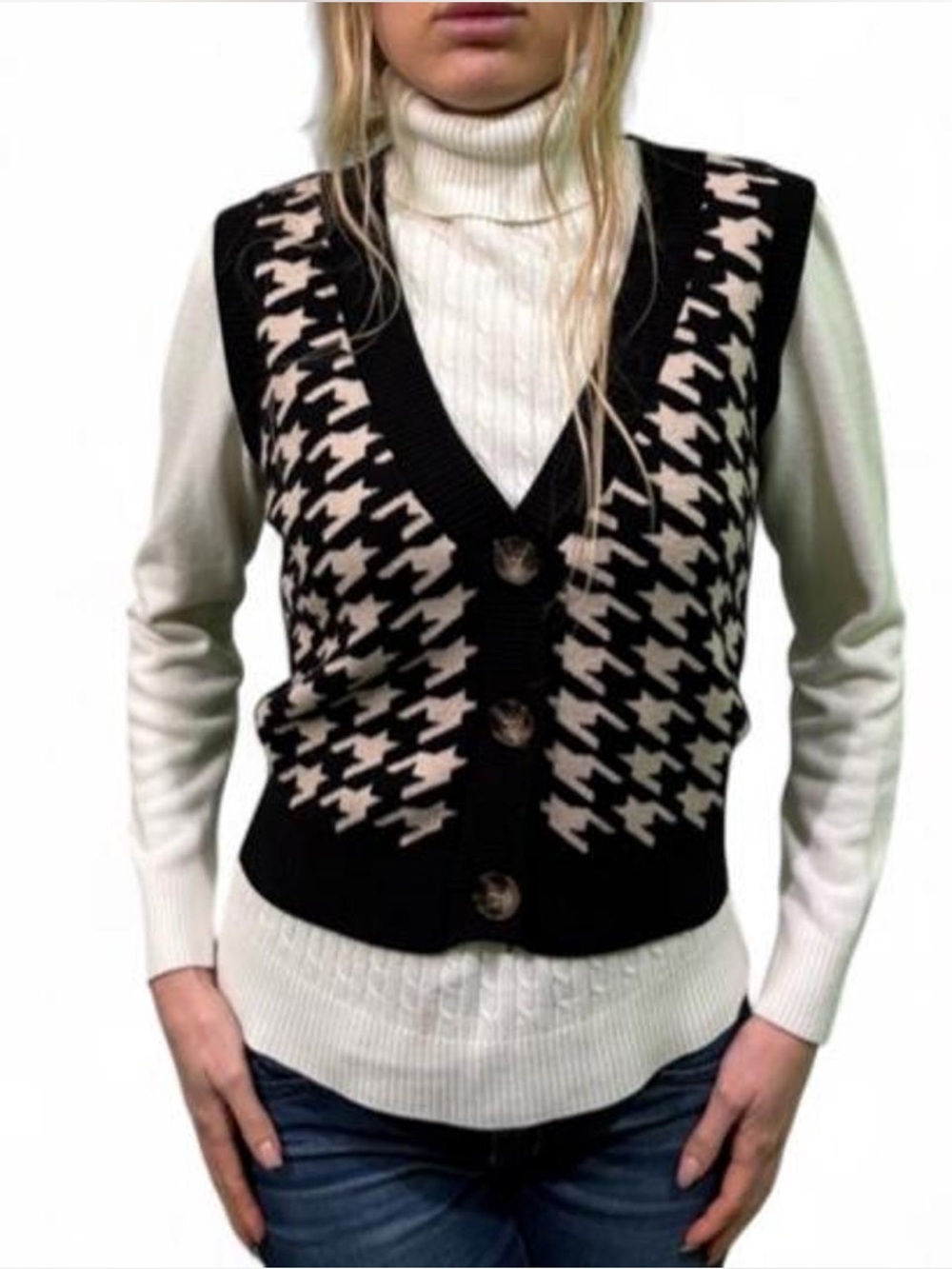 Houndstooth knit preppy sweater vest small black and white soft academia Small